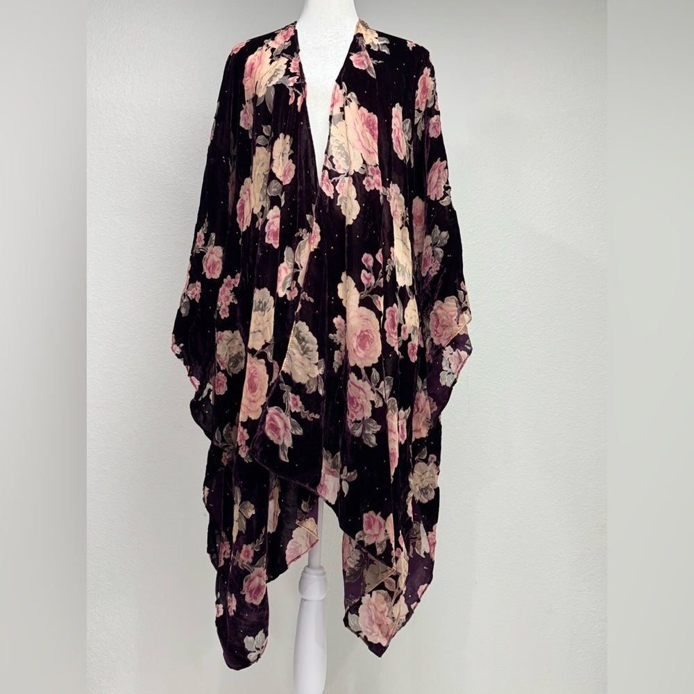 Torrid Floral Velvet Burnout Kimono OS Plum Pink Rose Boho Duster Cover‎ Up